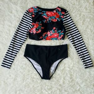 NWT-Full Sleeve Bikini Top & Bottoms,Floral Design with Stripes. Size 6 & Large